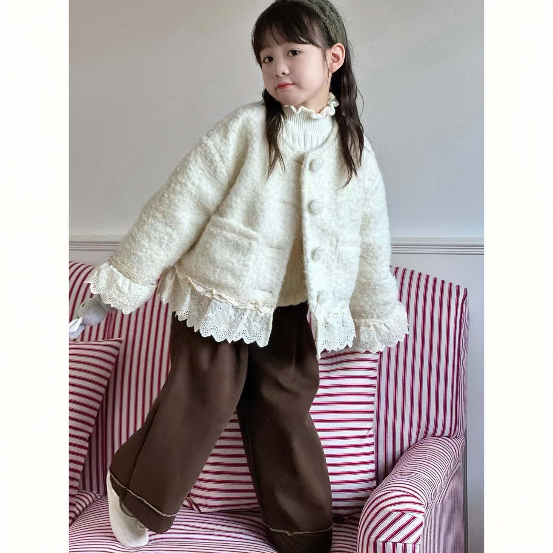女童外套2025冬季新款儿童洋气花边夹棉上衣中大童韩版棉服冬装