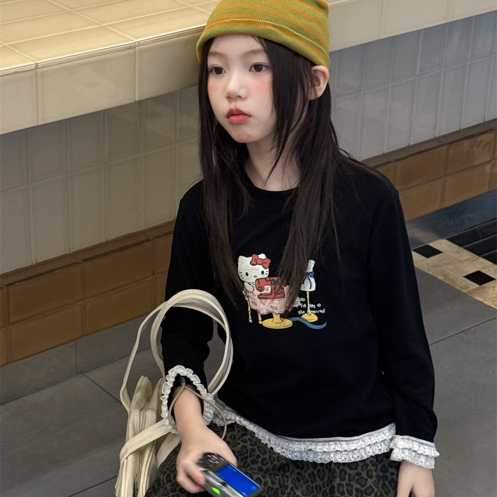 童装女童上衣2025秋季新款花边袖KT猫设计儿童甜美长袖T恤潮童