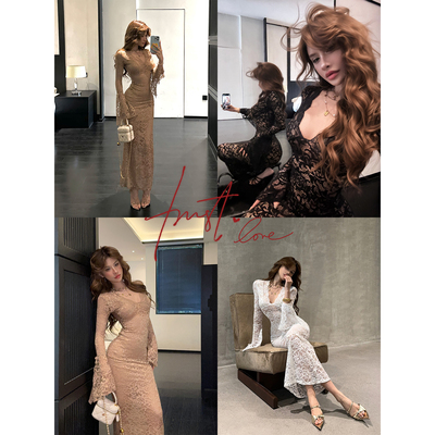 灰尘邓邓 蕾丝连衣裙女2025春季法式气质长裙包臀裙修身收腰裙子