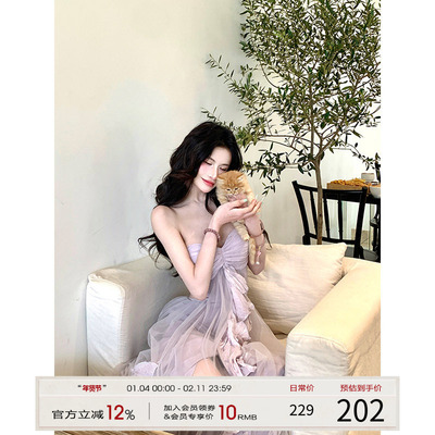 灰尘邓邓 度假风连衣裙2026早春新款设计感抹胸长裙紫色网纱裙子