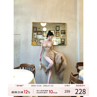 新款 吊带连衣裙女2025冬季 性感拼接包臀裙高级裙子 法式 灰尘邓邓