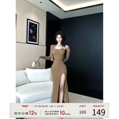 灰尘邓邓 现货 针织挂脖连衣裙女早秋性感包臀裙开叉长裙裙子