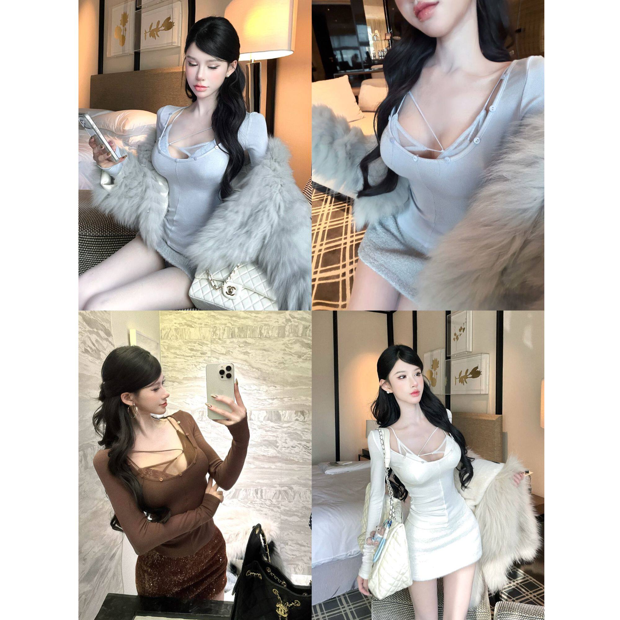 灰尘邓邓 性感长袖上衣女2025冬季新款蕾丝吊带打底衫纯欲内搭T恤