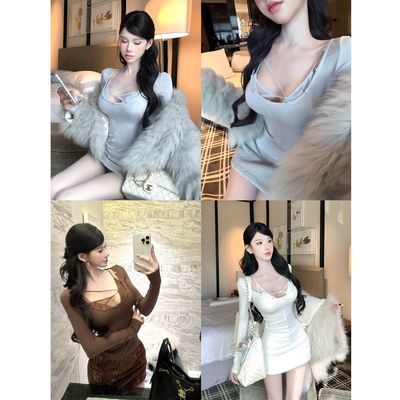 灰尘邓邓 性感长袖上衣女2025冬季新款蕾丝吊带打底衫纯欲内搭T恤