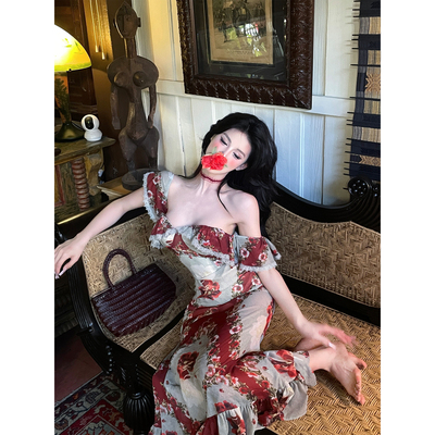 灰尘邓邓 碎花裙连衣裙女2025春季新款法式包臀长裙抹胸印花裙子