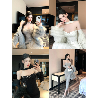 【现货】灰尘邓邓 抹胸针织连衣裙女冬季性感长裙包臀裙气质裙子