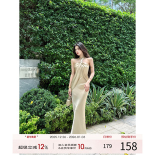 无袖 挂脖连衣裙女2025秋季 露肩性感长裙名媛裙子 法式 灰尘邓邓