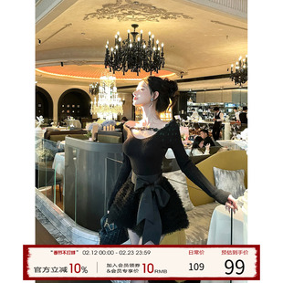 灰尘邓邓 一字肩针织衫上衣女2025冬季新款黑色打底衫内搭毛衣