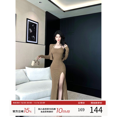 灰尘邓邓 针织挂脖连衣裙女2025早秋性感开叉包臀裙长裙辣妹裙子