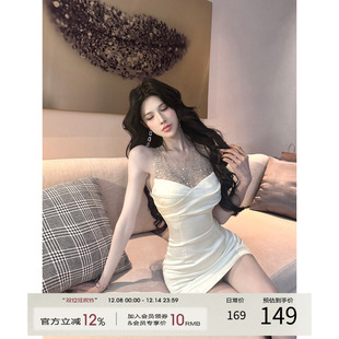 连衣裙女2025冬季 灰尘邓邓 法式 无袖 网纱拼接包臀裙性感名媛裙子