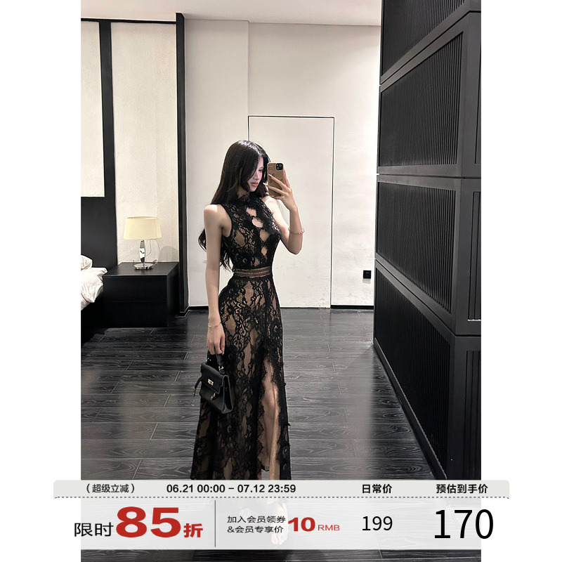 灰尘邓邓 性感无袖连衣裙女2025夏季新款镂空蕾丝长裙高级感裙子