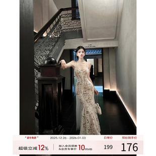 蕾丝吊带连衣裙女秋法式 灰尘邓邓 抹胸长裙性感包臀裙子 现货