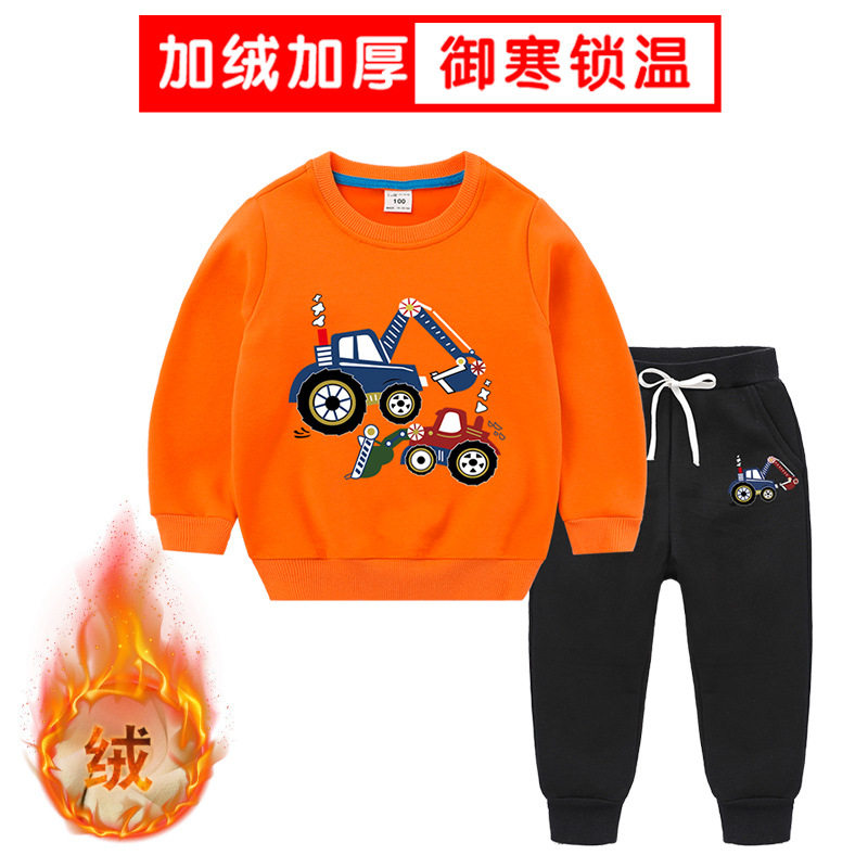 童装冬季男女童卫衣套装新款儿童一体绒加厚宝宝两件套勾机挖掘机