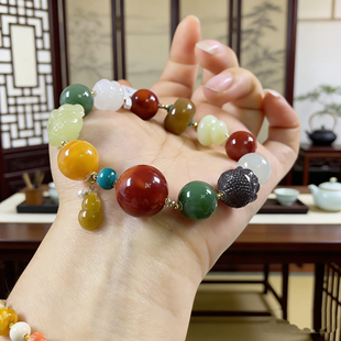 高货和田玉多宝手串 18K金配饰 南红蜜蜡碧玉烟紫国风文玩手链