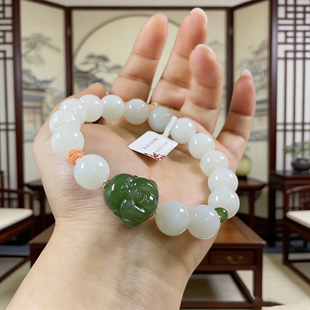 12mm俄料和田玉手串 碧玉佛头18K金配饰 新中式国风文玩手链