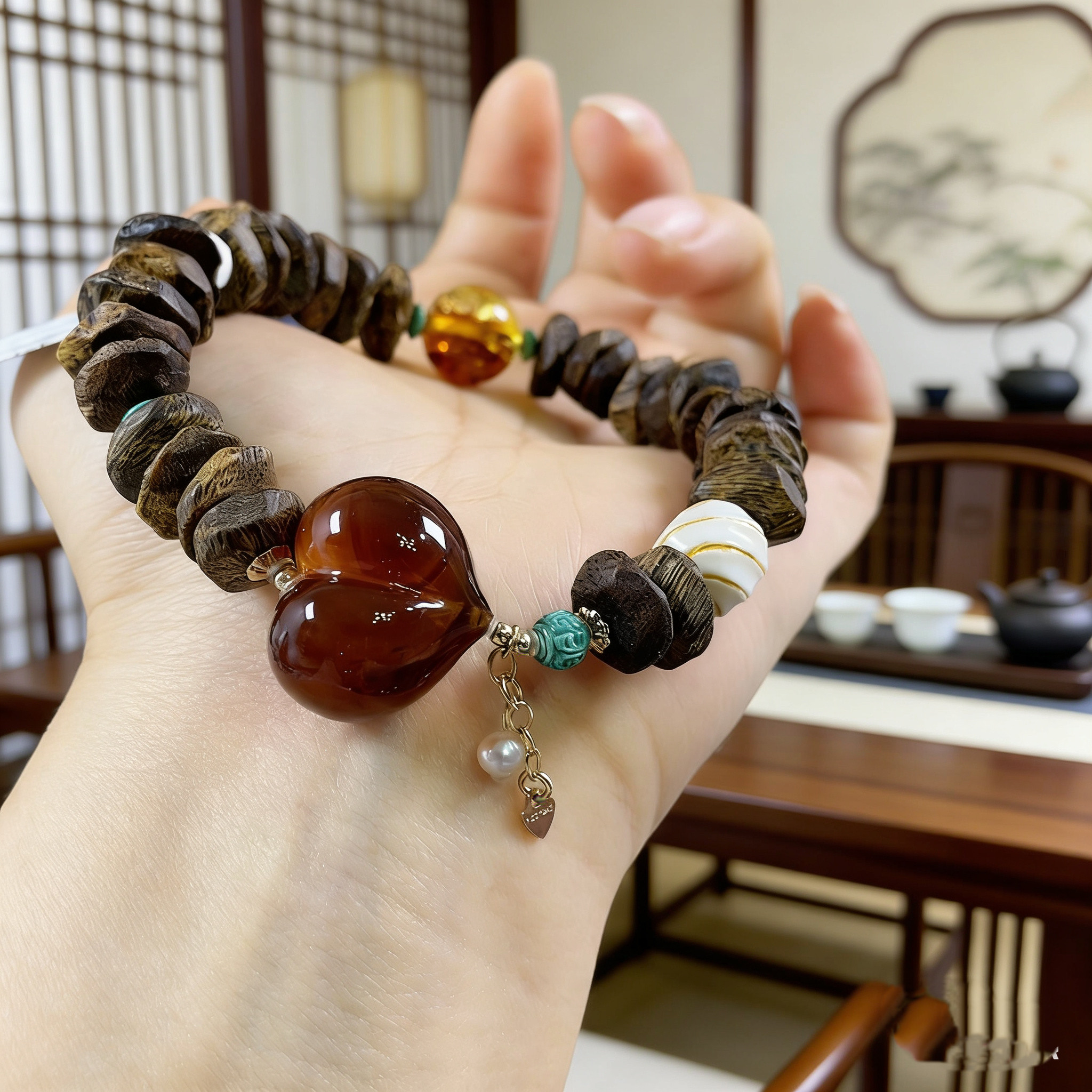 天然沉香随形片手串 琥珀屁桃配件新中式国风禅意文玩小众手链