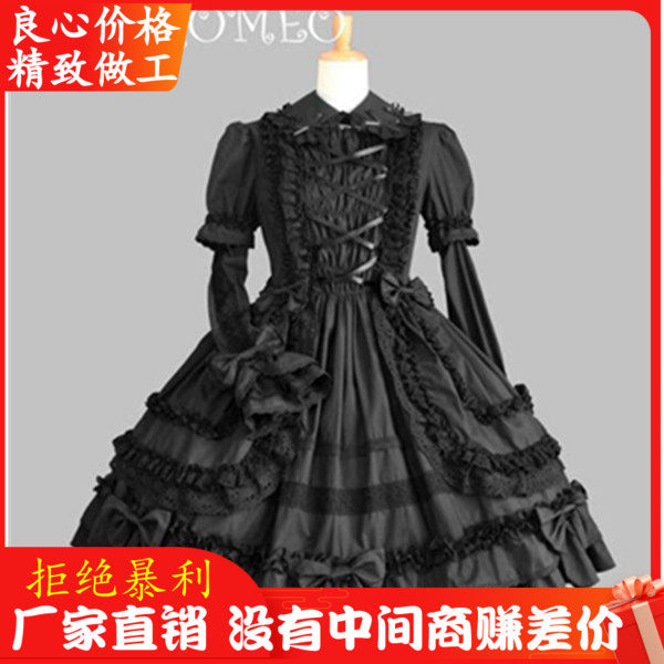万圣节日系软妹Lolita洋装哥特式蕾丝连衣短裙晚礼服纯全黑色cos