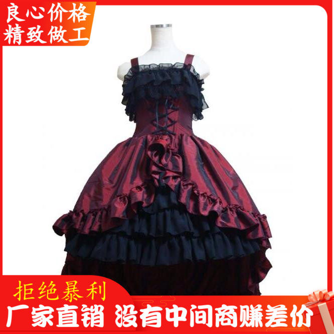 2025年新款万圣节包邮洛丽塔长裙晚礼服酒红色女连衣裙lolita洋装