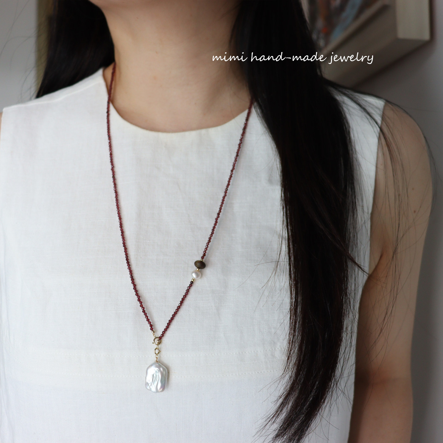 天然水晶石榴石黑玛瑙绿松石施家巴洛克珍珠项链新中式长款毛衣链