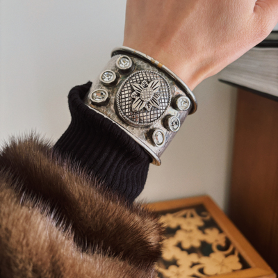 Linda中古vintage银色马耳他水钻夸张厚重手镯