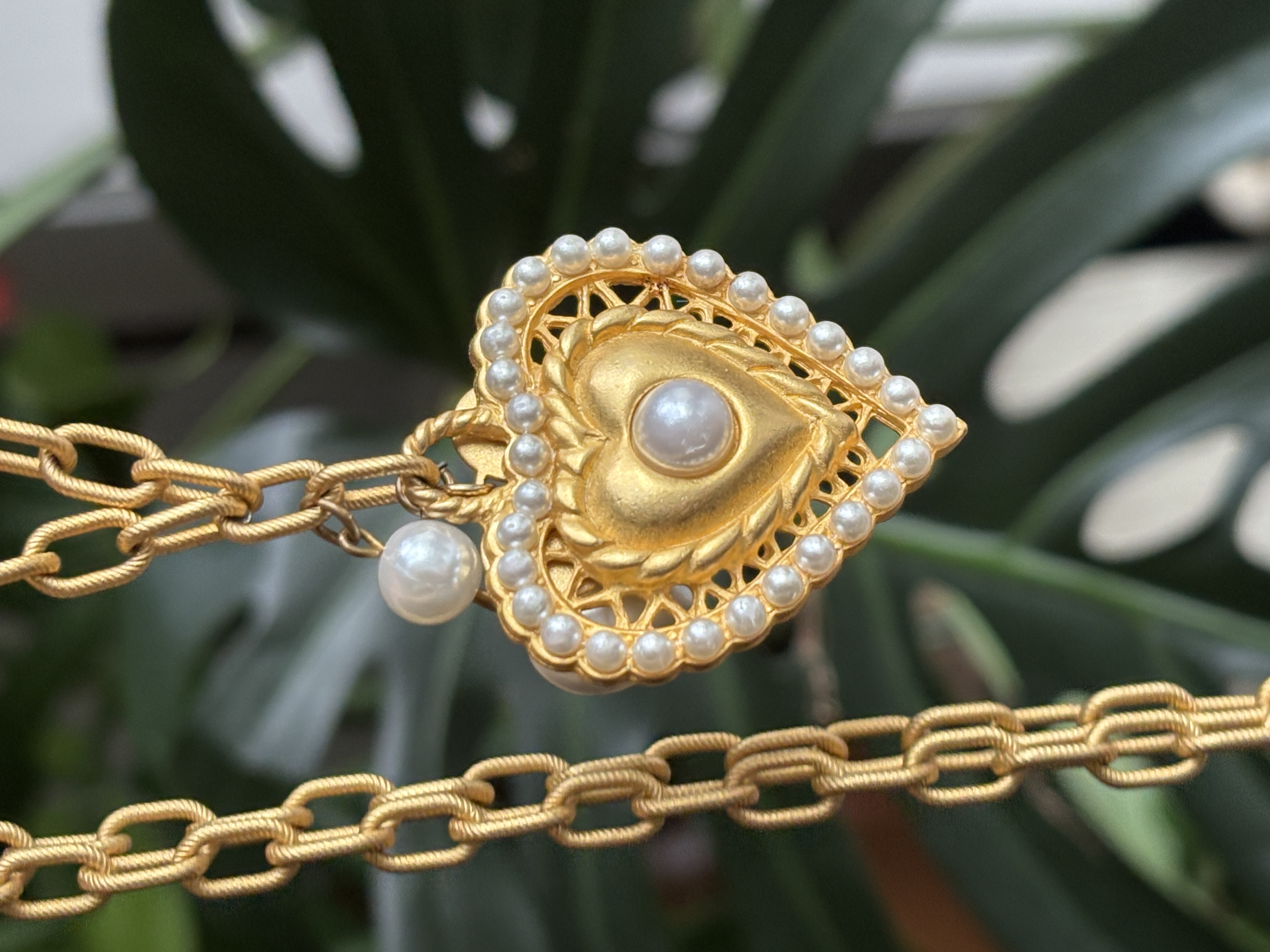 vintage中古Dauplaise心形珍珠长毛衣项链