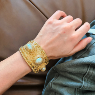 joan rivers中古vintage金色蕾丝花边珍珠宽手镯