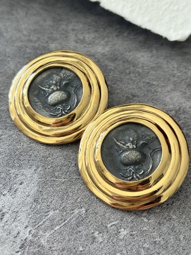carolee中古灰色古币夸张大尺寸耳夹