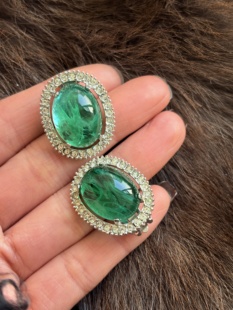 vintage中古marvella云纹绿琉璃银色水钻耳夹