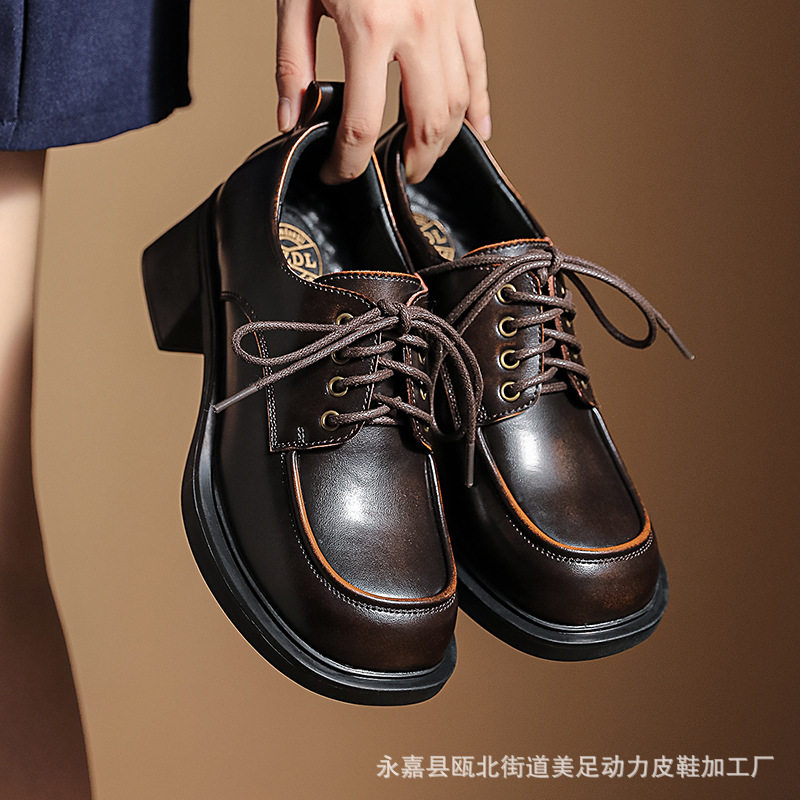 复古森女英伦风黑色小皮鞋女2026春季新款系带粗跟乐福鞋jk制服鞋