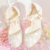 女学生演出走秀主持礼服带跟水晶鞋 儿童白色公主鞋 高跟软底小皮鞋