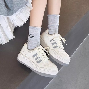 女百搭厚底增高休闲运动板鞋 学院风小个子真皮小白鞋 新款 2025春季