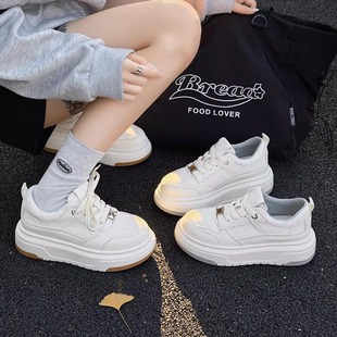系带面包鞋 真皮厚底小白鞋 百搭增高休闲运动板鞋 新款 潮 女2026春季