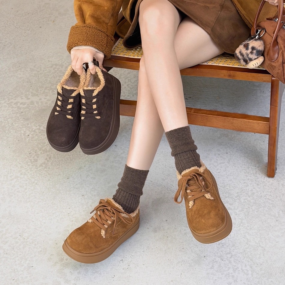 真皮厚底系带勃肯棉鞋加绒防滑