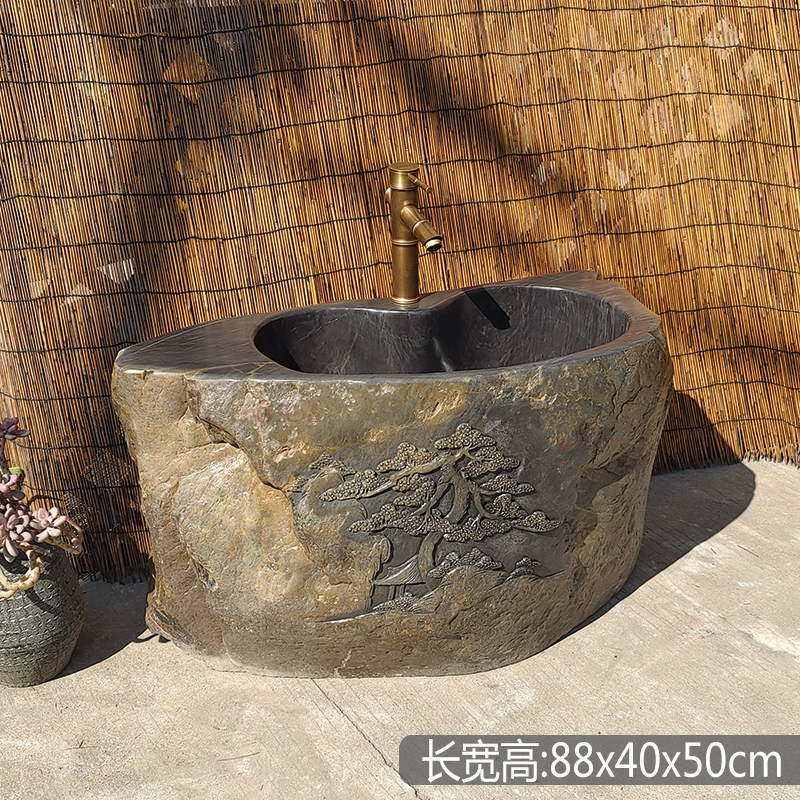 新品中式艺术石雕拖把池庭院花园古典自然端砚石头矮款洗水池盆槽
