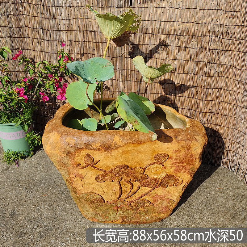古典新中式艺术石雕荷花缸庭院花园自然石头水池阳台花园石材摆件