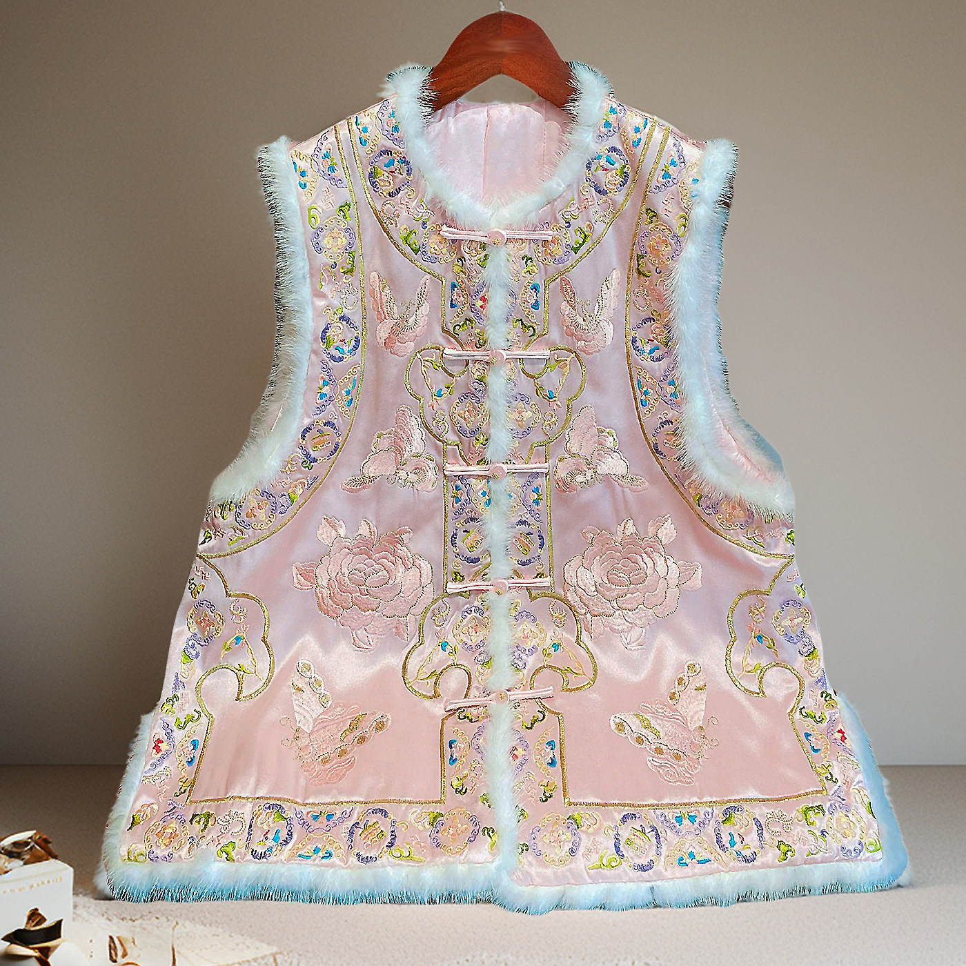 安娜滕新中式夹棉马甲女士冬季复古风重工刺绣醋酸缎拼水貂毛坎肩