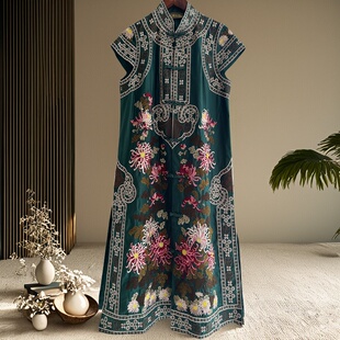 新中式女连衣裙安娜滕天丝国风刺绣盘扣大码宽松中长款改良旗袍裙