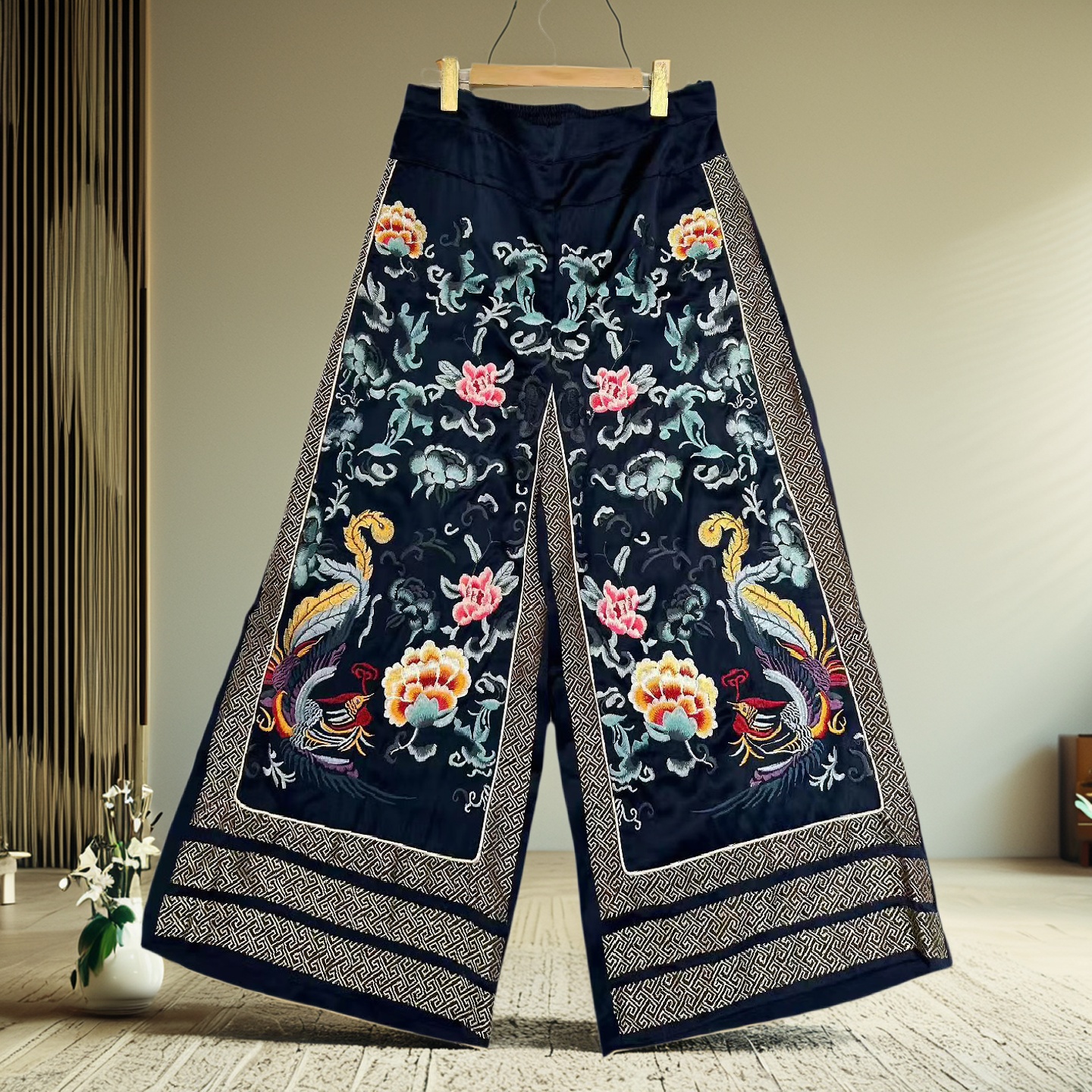 安娜滕新中式阔腿裤大码醋酸刺绣