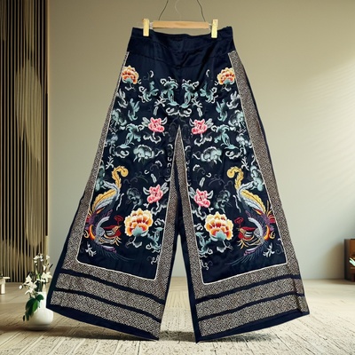 安娜滕新中式阔腿裤大码醋酸刺绣