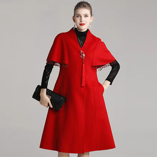 新中式双面呢外套复古刺绣流苏中长款修身显瘦中国风羊毛呢上衣