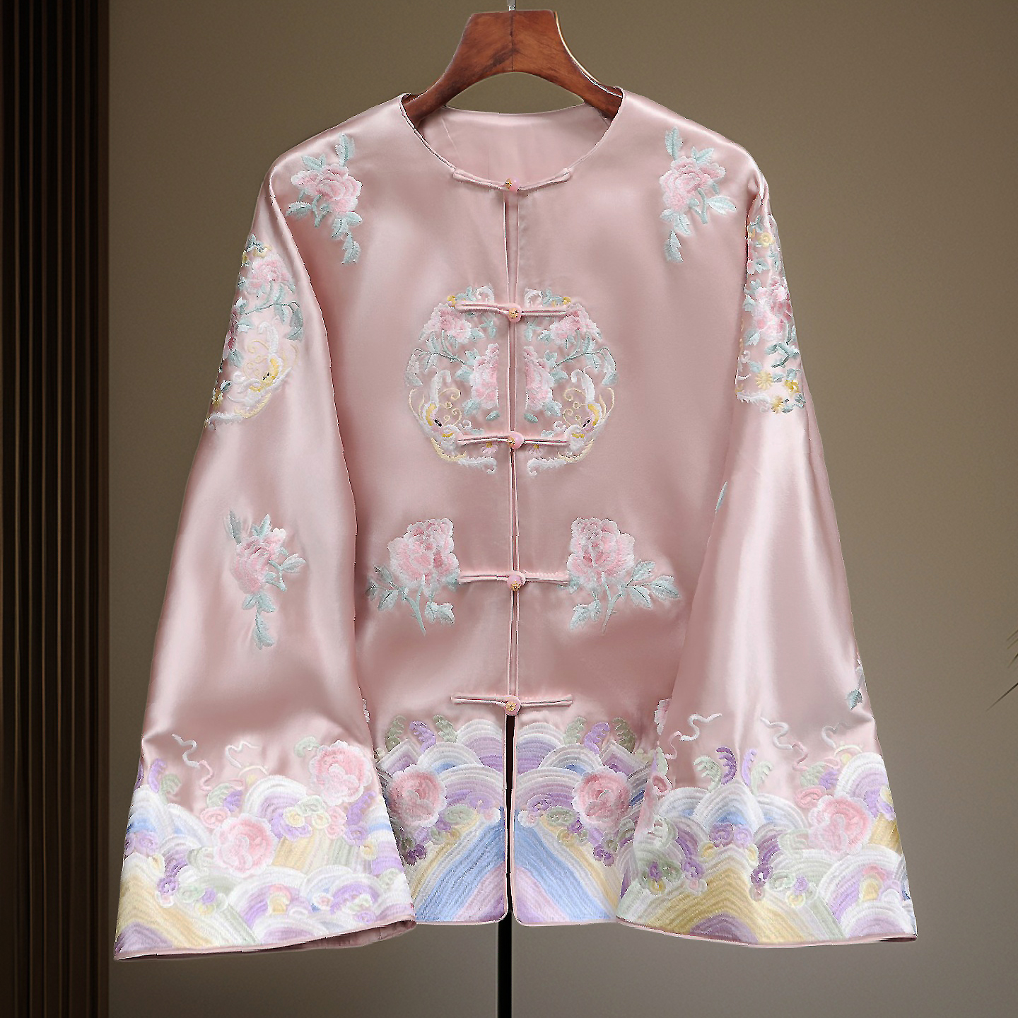 安娜滕新中式上衣女士春秋醋酸缎复古风重工海水刺绣宽松开衫外套