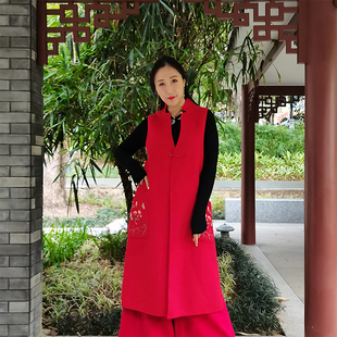 双面呢马甲女中长款盘扣复古刺绣花大码中国风新中式羊毛呢外套