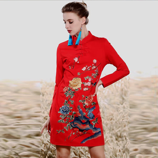 新中式连衣裙春秋安娜滕复古国风刺绣短款长袖立领盘扣改良旗袍裙