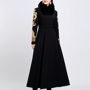 新中式风衣外套女秋冬新款复古刺绣大码显瘦中国风长款龙袍上衣