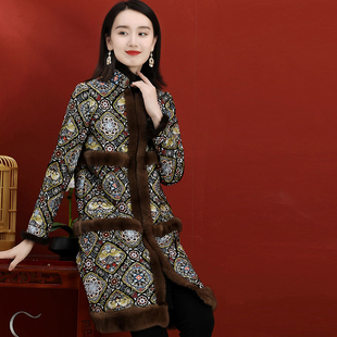 新中式毛呢外套女安娜滕复古国风刺绣中长款大码水貂毛羊毛大衣