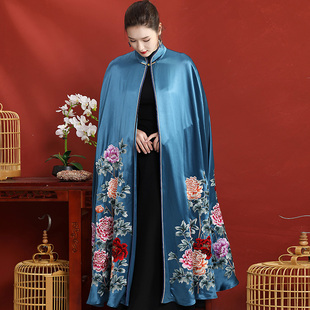 中国风外套女春秋新中式复古刺绣大码长款醋酸民族风披风斗篷上衣