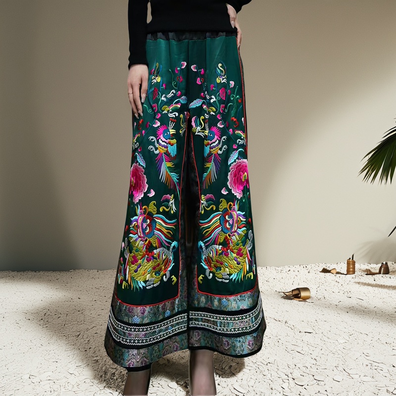 安娜滕新中式阔腿裤松紧腰复古风重工刺绣撞色醋酸缎大码休闲长裤