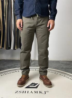 新款纯棉斜纹布休闲裤男士半松紧腰抽绳直筒裤复古水洗长裤男5123