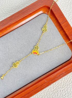s925纯银镀黄金色新款碎冰冰闪峦流苏葫芦项链国潮莲花福禄锁骨链