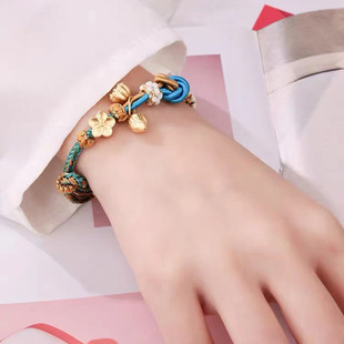 黄金包银两世欢小桃花吊坠黄金手链转运珠和田玉手串情侣编织手绳